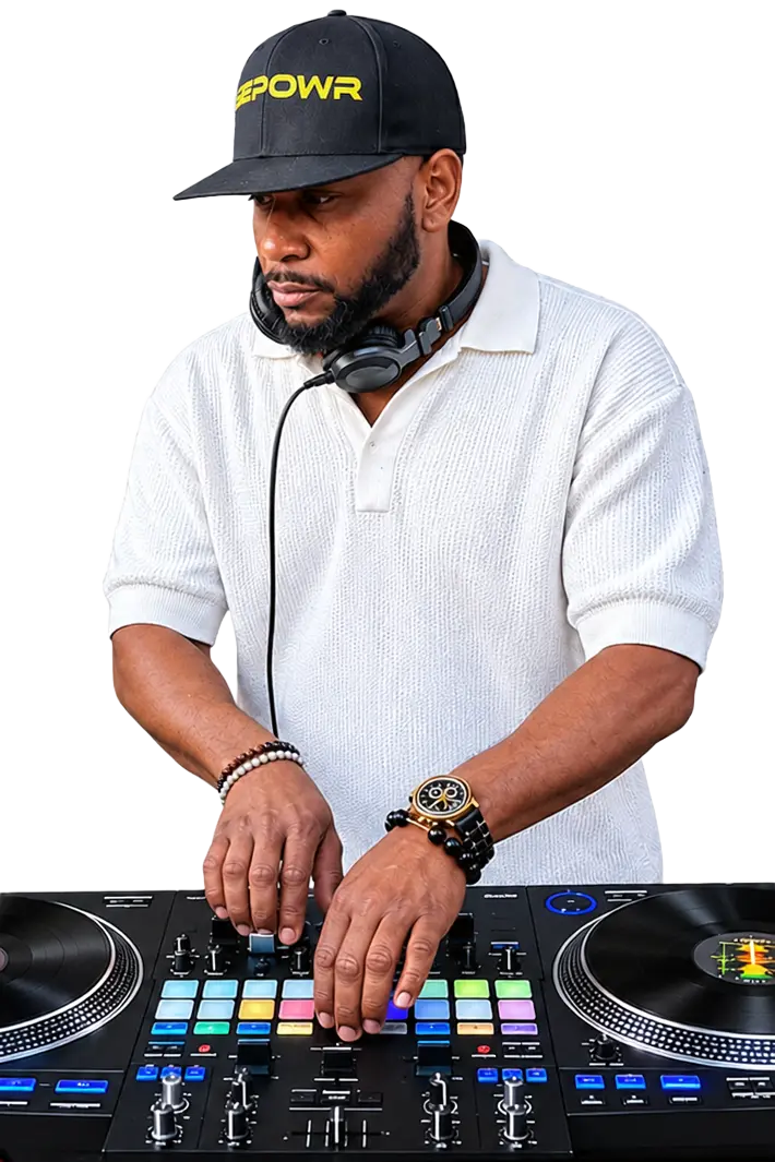 DJ G Power at the decks in a GEEPOWR cap